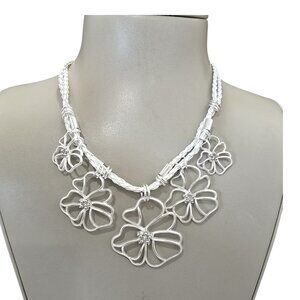 Christopher & Banks White Cord Flowers Silver Plated Rhinestone Necklace